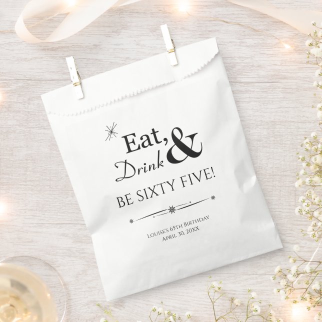 Eat Drink Be Sixty Five Funky Retro 65th Birthday Favour Bag (Clipped)