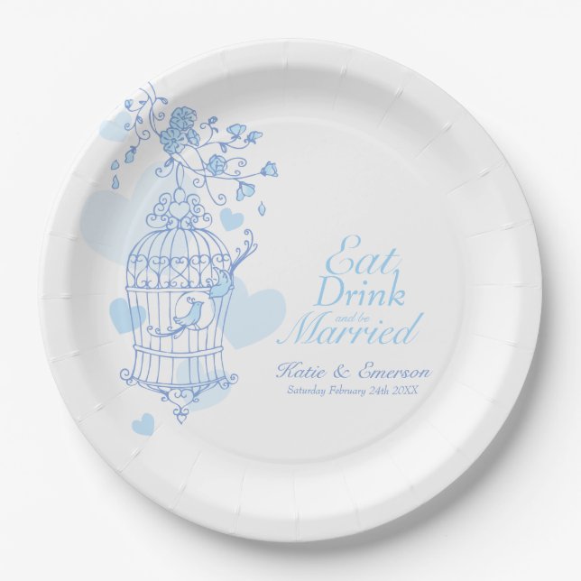 Eat drink custom blue birds cage wedding paper plate (Front)