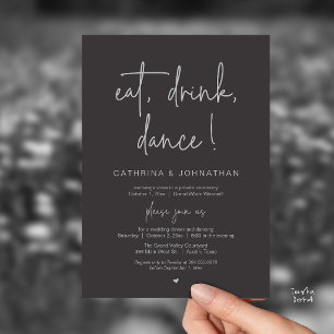 Eat, Drink, Dance, Elegant Charcoal Grey Elopement Invitation