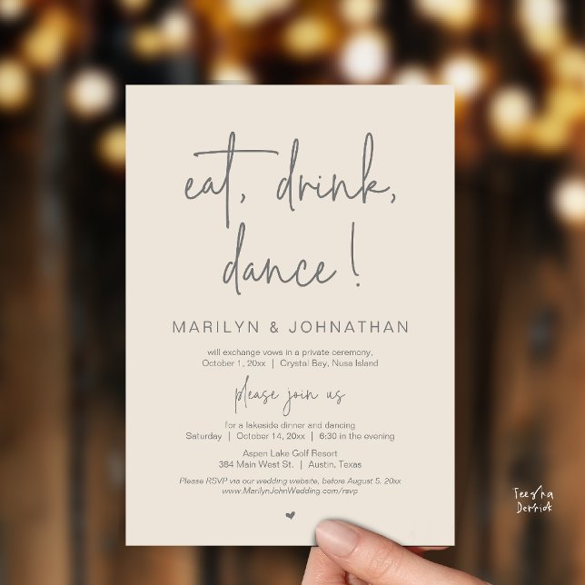 Eat, Drink, Dance, Wedding Elopement Dinner Party  Invitation (Eat, Drink, Dance, Wedding Elopement Dinner Party Invitation Card in Warm Cream Grey)