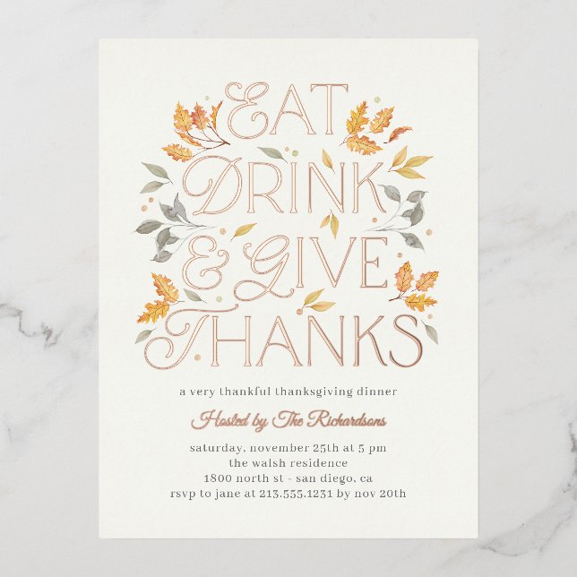 Eat Drink Give Thanks Thanksgiving Dinner Party Foil Invitation Postcard (Front)