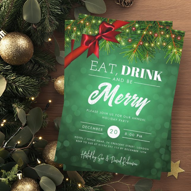 Eat Drink Green Pine Lights Holiday Xmas  Invitation (Creator Uploaded)