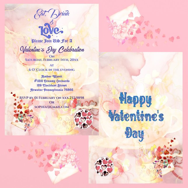 Eat Drink & Love Heart Valentines Day Celebration  Invitation (Eat Drink & Love Heart Valentines Day Celebration Invitation)