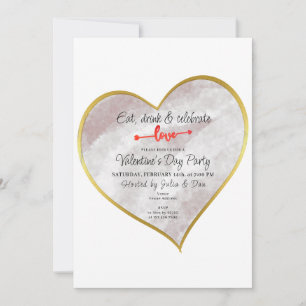 Eat Drink & Love Watercolor Gold Heart Vday Party Invitation