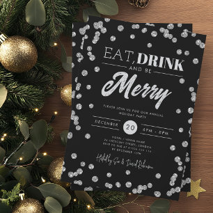 Eat Drink Merry Silver Black Glitter Holiday Xmas Invitation