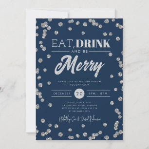 Eat Drink Merry Silver Navy Glitter Holiday Invitation