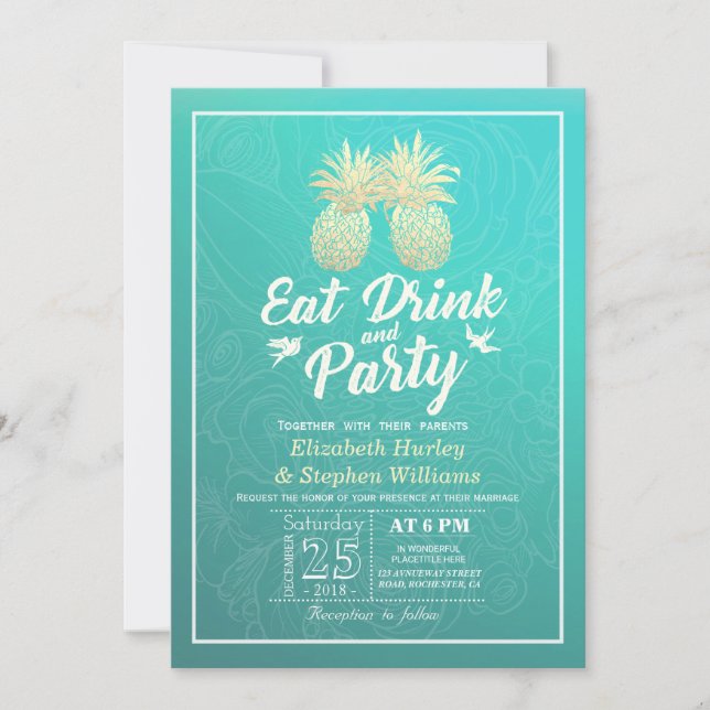 EAT Drink & Party Wedding Golden Pineapple Couple Invitation (Front)
