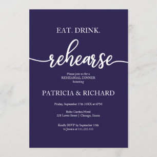 Eat Drink Rehearse Navy Blue Rehearsal Dinner Invitation