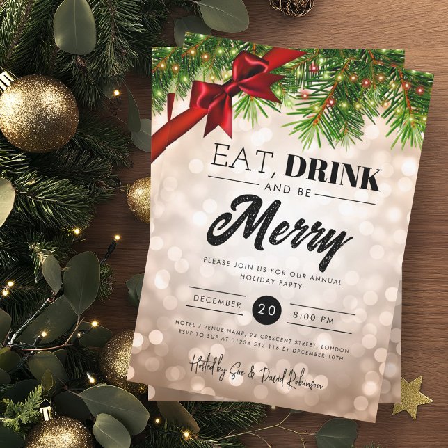 Eat Drink Rose Gold Pine Lights Holiday Xmas  Invitation (Creator Uploaded)
