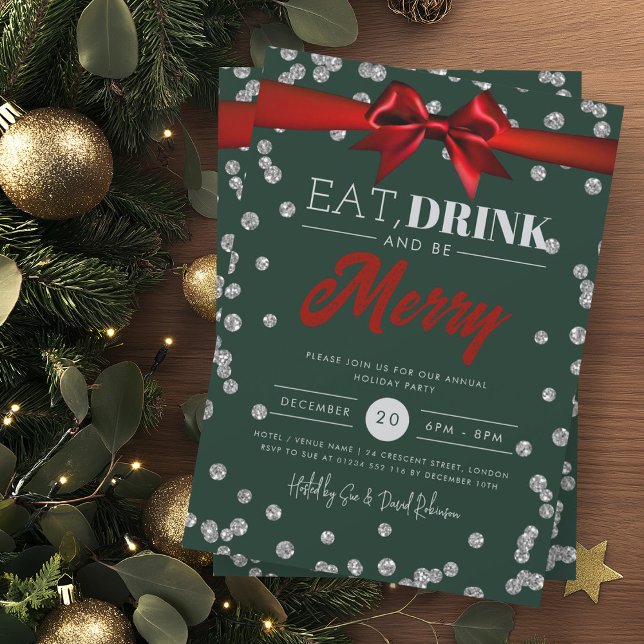 Eat Drink Silver Green Glitter Holiday Xmas Bow Invitation (Creator Uploaded)