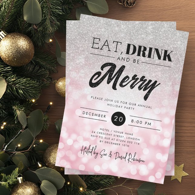 Eat Drink Silver Rose Gold Bokeh Holiday Xmas  Invitation (Creator Uploaded)
