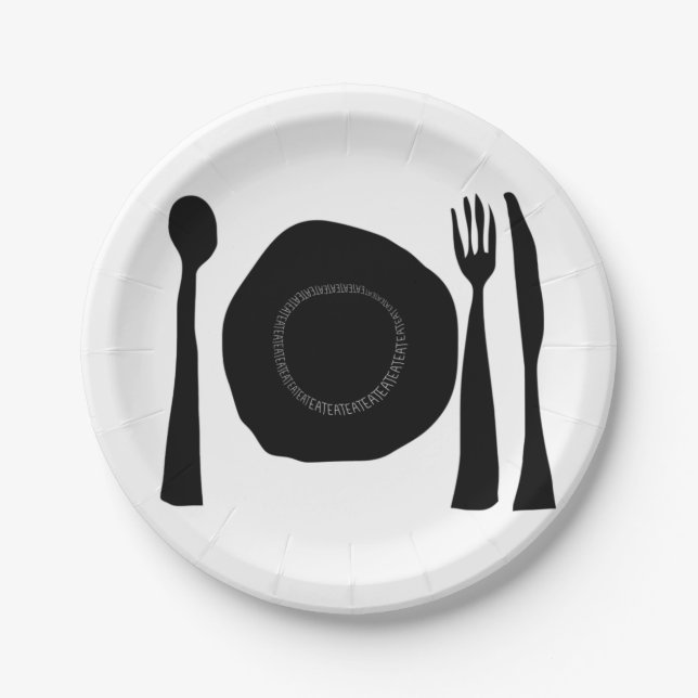 Eat Eat Black and White Plate and Utensils (Front)