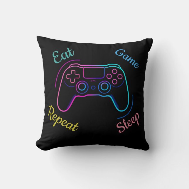 Eat Game Sleep Repeat | Neon Gamer Customizable Ty Throw Pillow (Front)