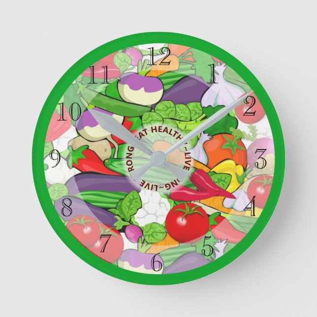 Eat Healthy Colourful Vegetable Selection Round Clock (Front)