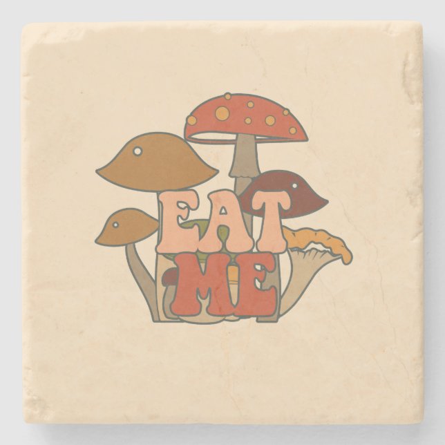"Eat Me" – Whimsical Mushroom Design Stone Coaster (Front)