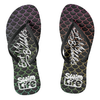 "Eat My Bubbles" Black/Rainbow scales Swim Life Flip Flops