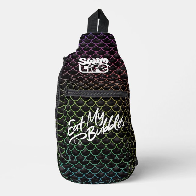 "Eat My Bubbles" Black/Rainbow scales Swim Life Sling Bag (Front)