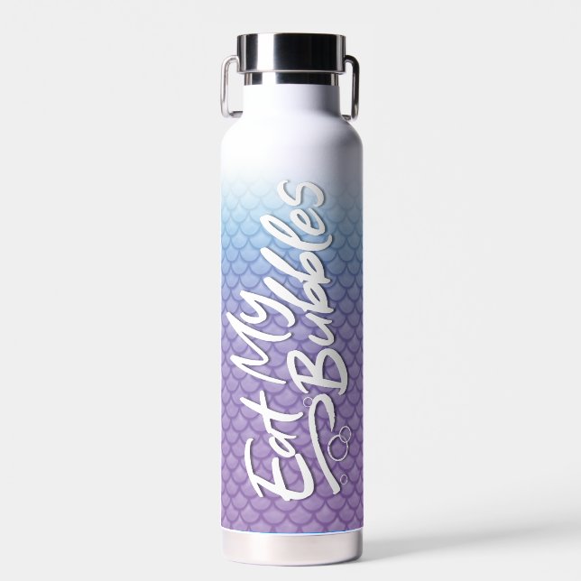 "Eat My Bubbles" Blue/Purple scales Swim Life Water Bottle (Front)
