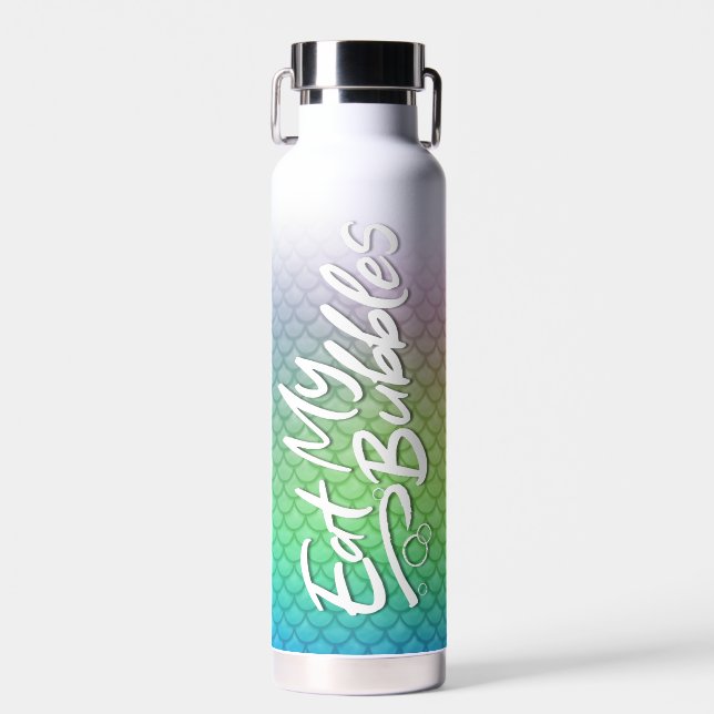 "Eat My Bubbles" Rainbow scales Swim Life Water Bottle (Front)