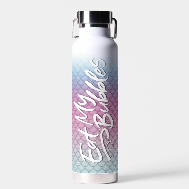 "Eat My Bubbles" Teal/Pink/Foam scales Swim Life Water Bottle (Front)
