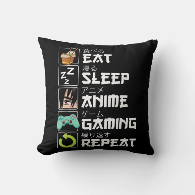 Eat Sleep Anime Gaming Repeat Kawaii Otaku Anime M Throw Pillow (Front)