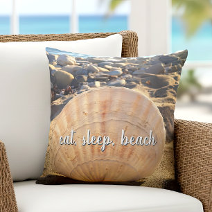 Eat Sleep Beach Seashell California Photo Script Throw Pillow