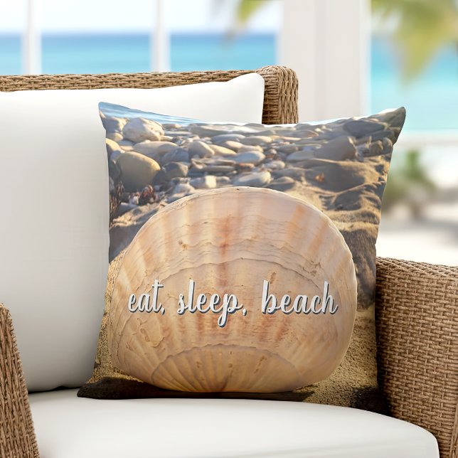 Eat Sleep Beach Seashell California Photo Script Throw Pillow (Creator Uploaded)