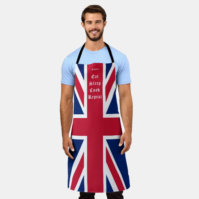 Eat Sleep Cook Repeat Union Jack Custom Name Apron (Worn)