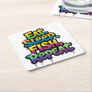 Eat Sleep Fish Repeat Rainbow Graffiti Square Paper Coaster