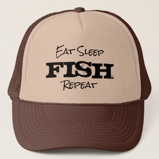 EAT SLEEP FISH REPEAT retirement gift trucker hat (Front)