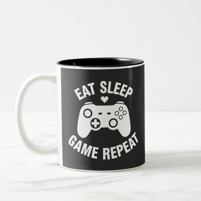Eat Sleep Game Repeat - Funny Gamer Quote Design Two-Tone Coffee Mug (Left)