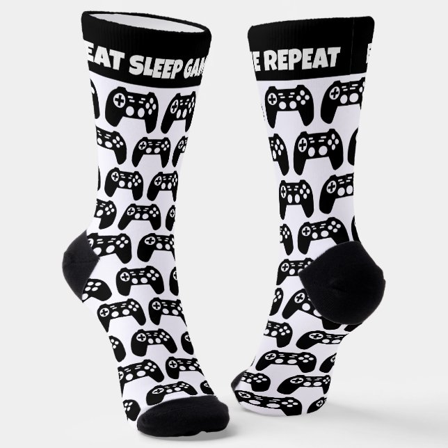 Eat Sleep Game Repeat funny socks gift for gamer (Angled)
