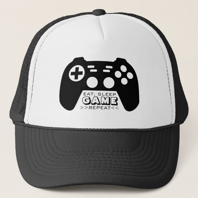 Eat Sleep Game Repeat funny trucker hat for gamers (Front)