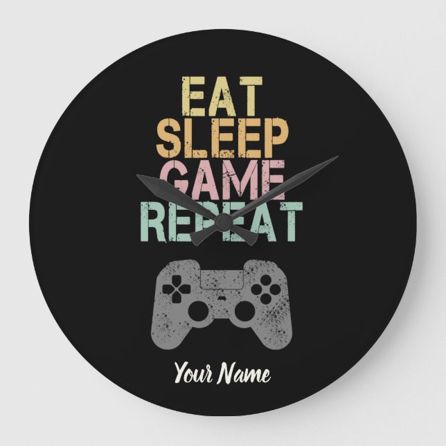 Eat Sleep Game Repeat Saying Vintage Gamer Gift Large Clock (Front)