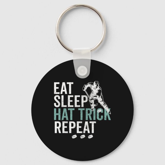 Eat Sleep Hat Trick Repeat Cool Ice Hockey Puck Fa Keychain (Front)