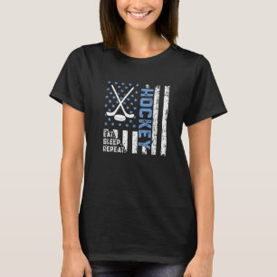Eat Sleep Hockey Repeat US Flag Retro Funny Hockey T-Shirt