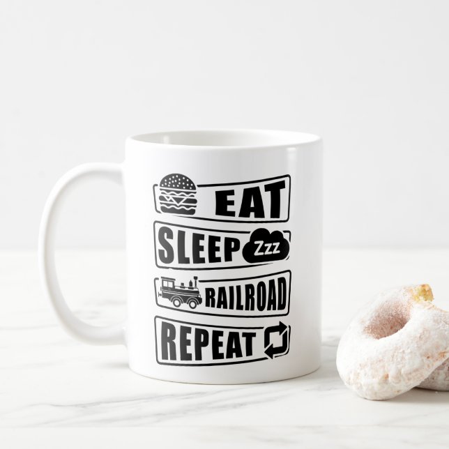 Eat Sleep Railroad Repeat Steam Train Coffee Mug (With Donut)