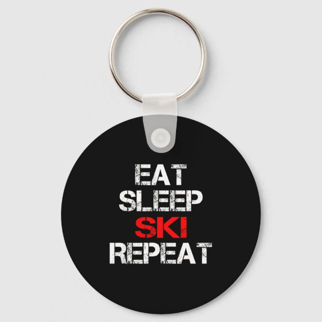 Eat sleep ski repeat winter mountains skiing lodge keychain (Front)