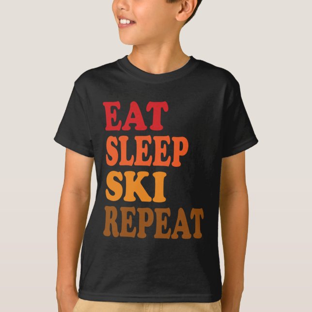 Eat Sleep Ski Repeat Winter Mountains Skiing Lodge T-Shirt (Front)