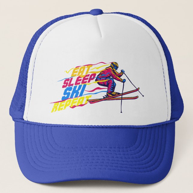 Eat Sleep Sky Repeat Funny Gift For Skiing Lovers Trucker Hat (Front)