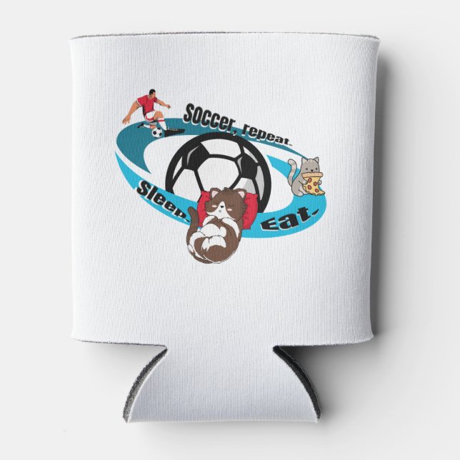 Eat, sleep, soccer, repeat.  cartoon soccer can cooler (Front)