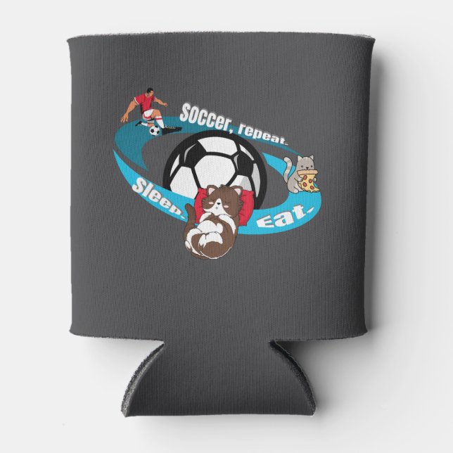 Eat, sleep, soccer, repeat.  cartoon soccer can cooler (Front)