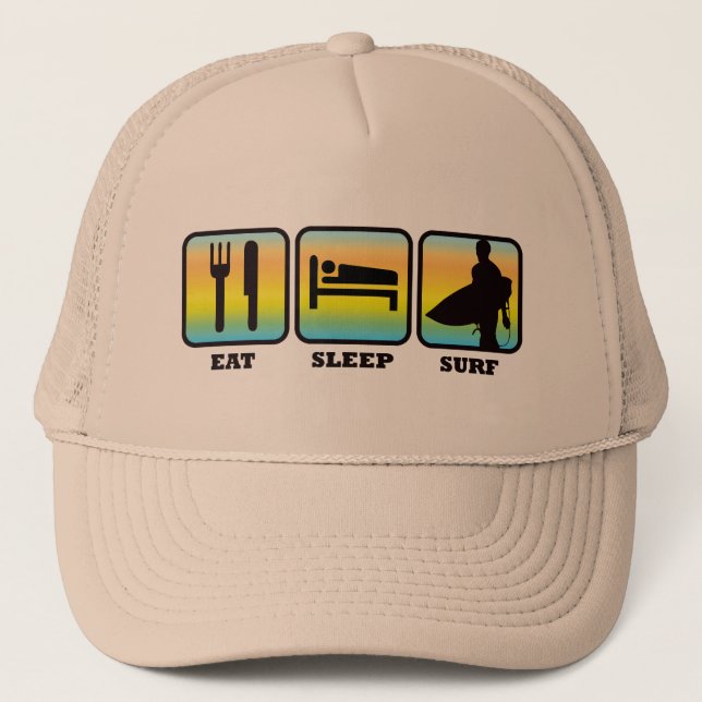 Eat Sleep Surf Retro Surfer Silhouette Trucker Hat (Front)