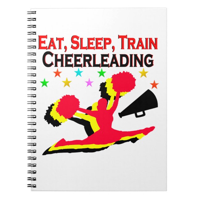 EAT, SLEEP TRAIN CHEERLEADING RED DESIGN NOTEBOOK (Front)