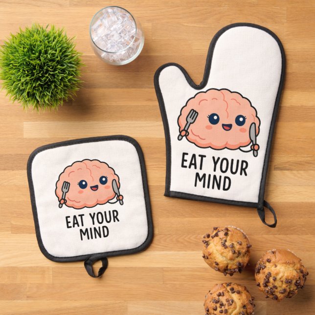 Eat Your Mind Sticker – Cute Brain  Oven Mitt & Pot Holder Set (Top Down)
