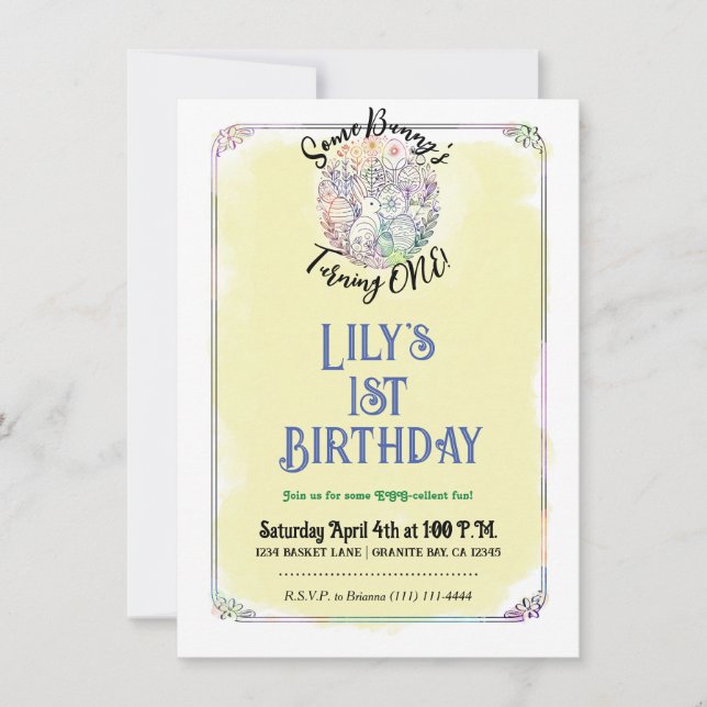 Eater Egg Hunt Yellow Watercolor 1st Birthday  Invitation (Front)