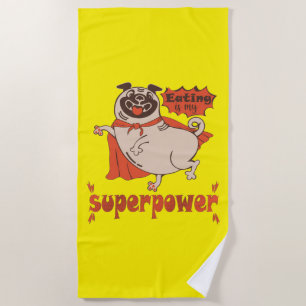 Eating is my superpower red cloak pug comic style  beach towel