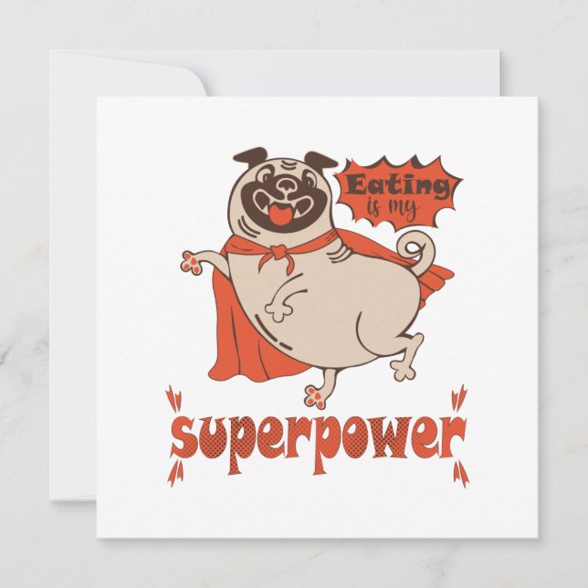 Eating is my superpower red cloak pug comic style  holiday card (Front)