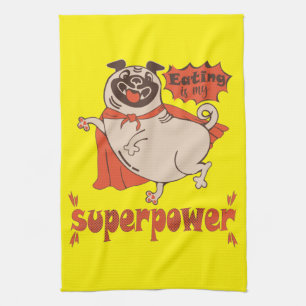Eating is my superpower red cloak pug comic style kitchen towel