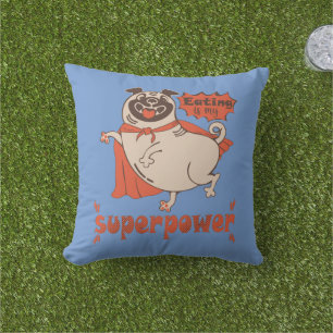 Eating is my superpower red cloak pug comic style outdoor pillow